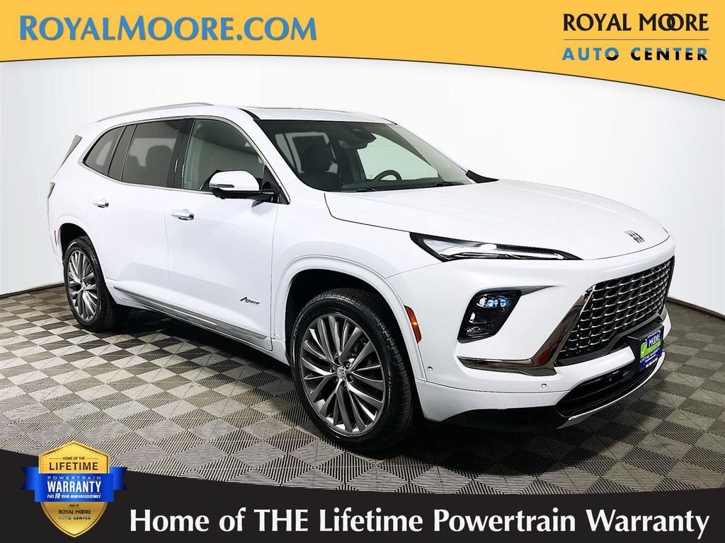 2026 Buick Enclave Avenir in Iridescent White Tricoat — front three-quarter view