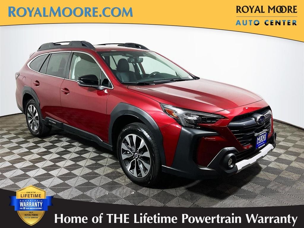 2025 Subaru Outback Limited in Crimson Red Pearl — front three-quarter view