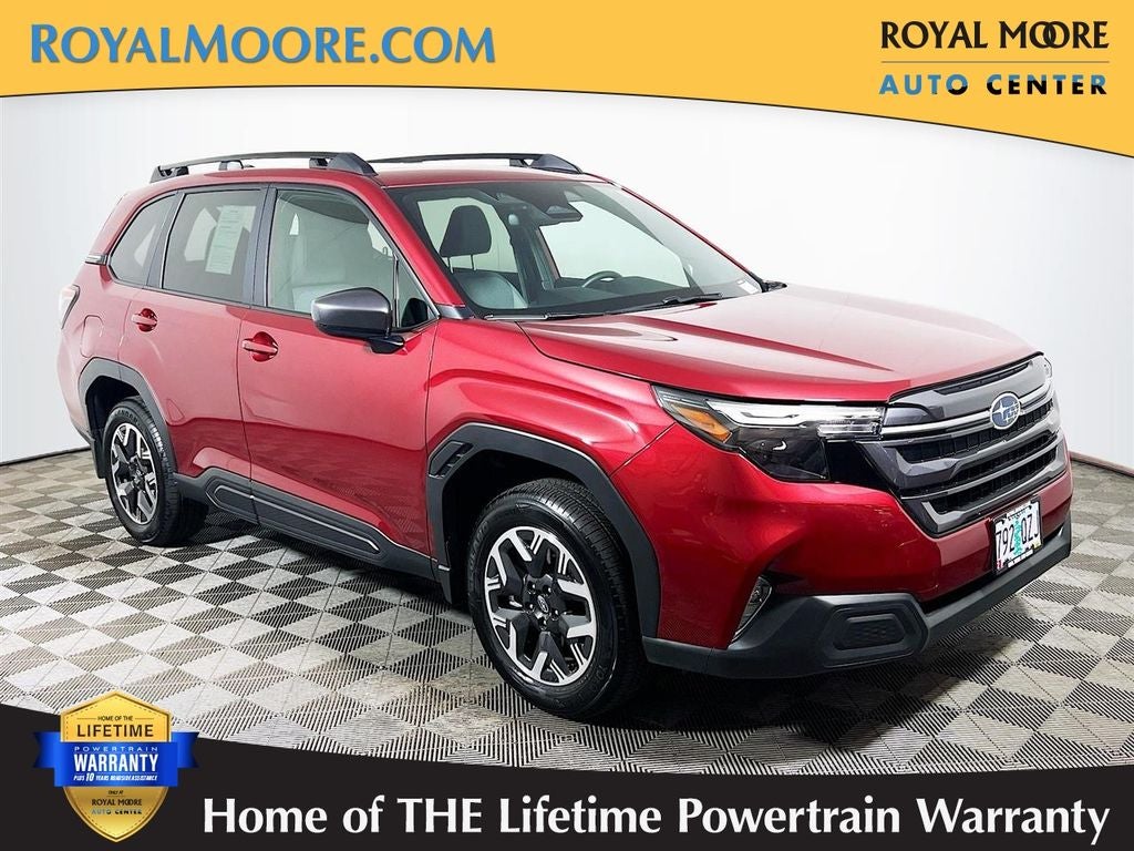 2026 Subaru Forester Premium in Crimson Red Pearl — front three-quarter view