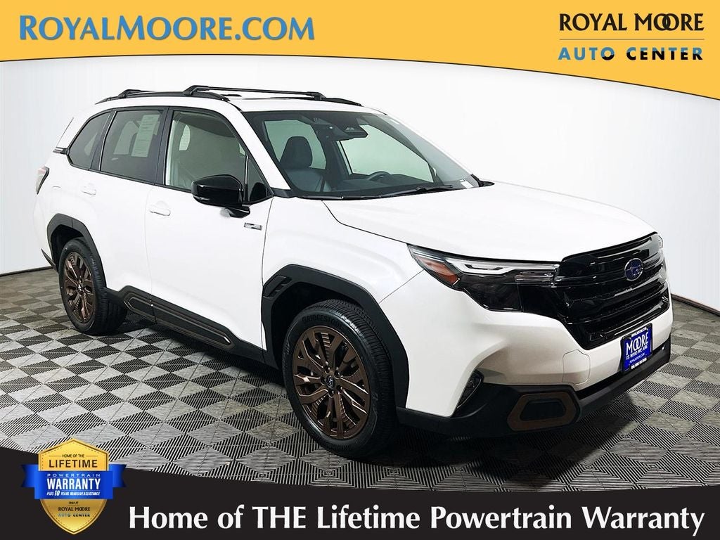 2025 Subaru Forester Hybrid Sport in Crystal White Pearl — front three-quarter view