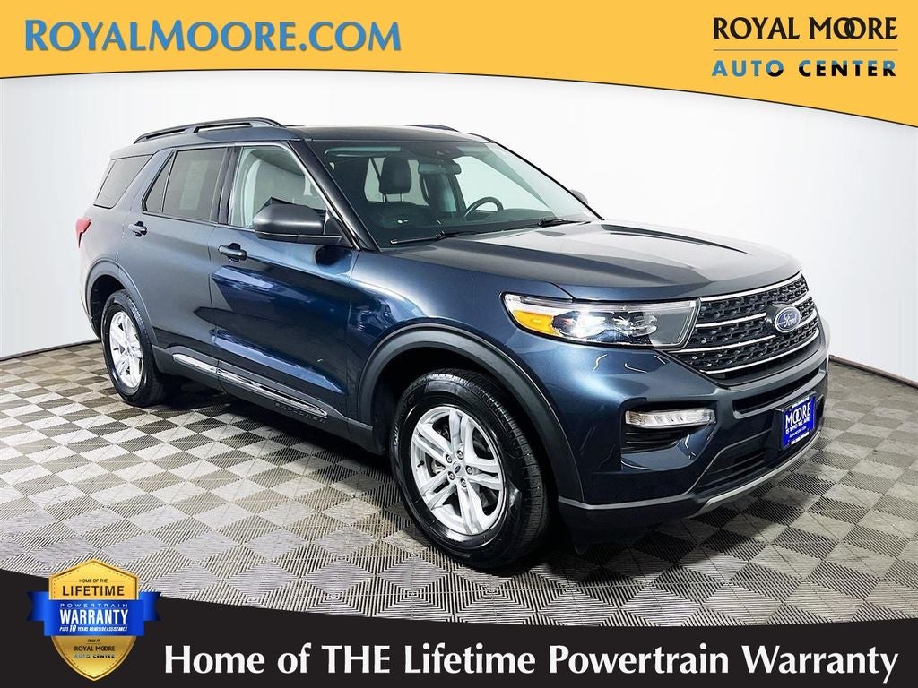 2022 Ford Explorer XLT in Blue Metallic — front three-quarter view