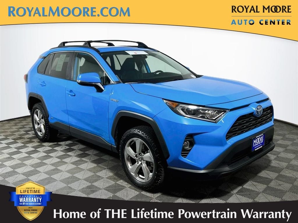2021 Toyota RAV4 Hybrid XLE Premium in Blue Flame — front three-quarter view